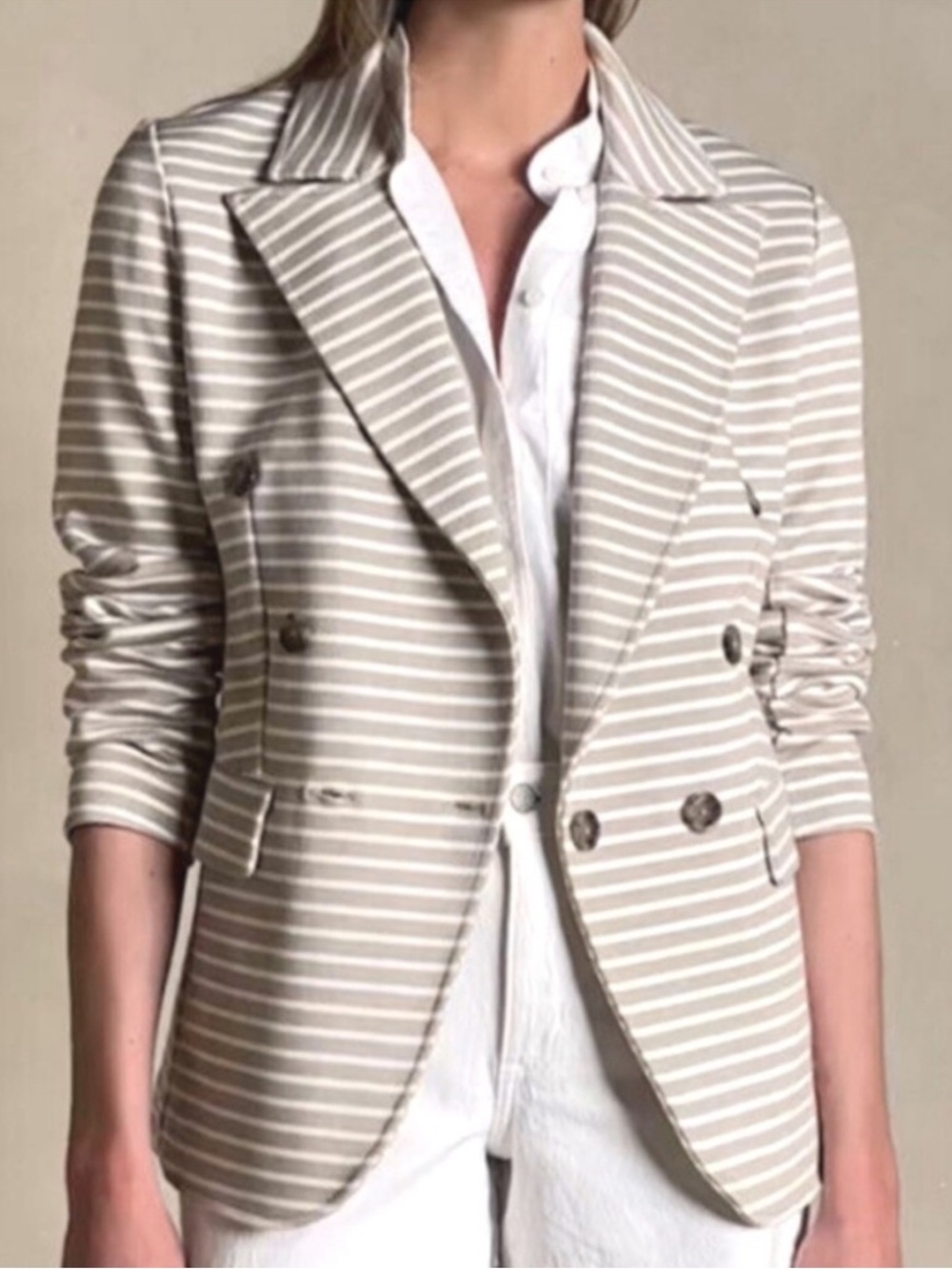 Banana Republic Factory Women’s Pique Striped Knit Blazer Maverick Tan White M